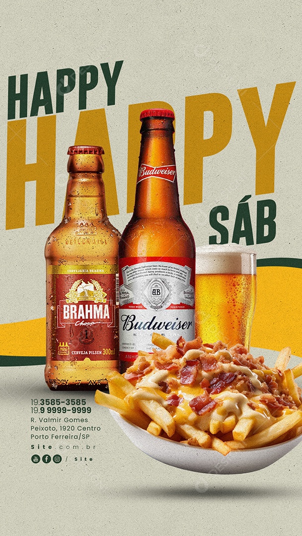 Story Cervejaria Happy Hour Cerveja Brahma Chopp Budweiser e Porção de Batatas com Queijo Social Media PSD Editável