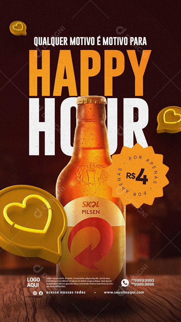 Story Cervejaria Qualquer Motivo é Motivo para Happy Hour Skol Pilsen por apenas 4,00 Social Media PSD Editável