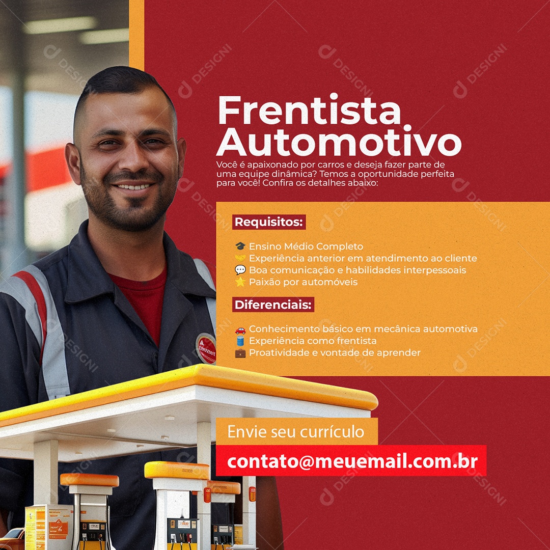 Vagas De Empregos Frentista Automotivo Social Media PSD Editável