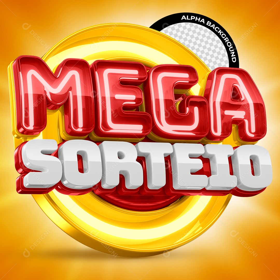 Mega Sorteio Selo 3D Vermelho e Branco com Luz Neon para Composição PSD