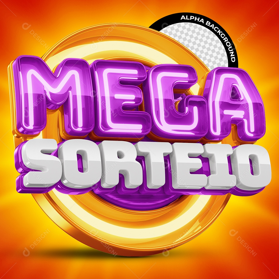 Mega Sorteio Selo 3D Roxo e Branco com Luz Neon para Composição PSD