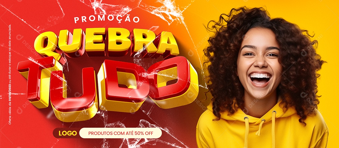 Social Media Banner Promoção Quebra Tudo Supermercado Produtos com Até 50% Off PSD Editável