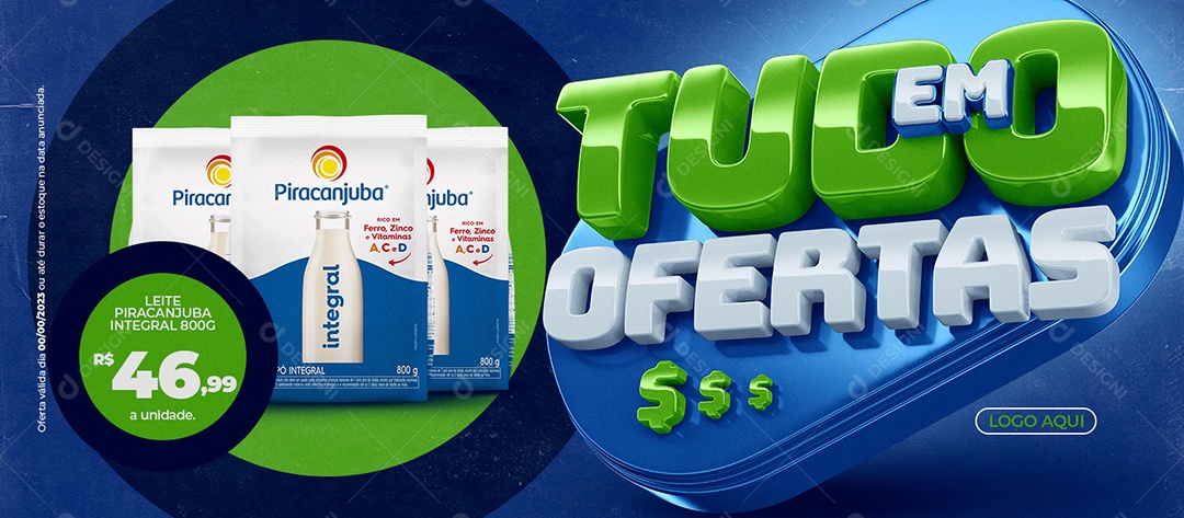 Banner Tudo em Ofertas Leite Piracanjuba Integral 800G Supermercado Social Media PSD Editável