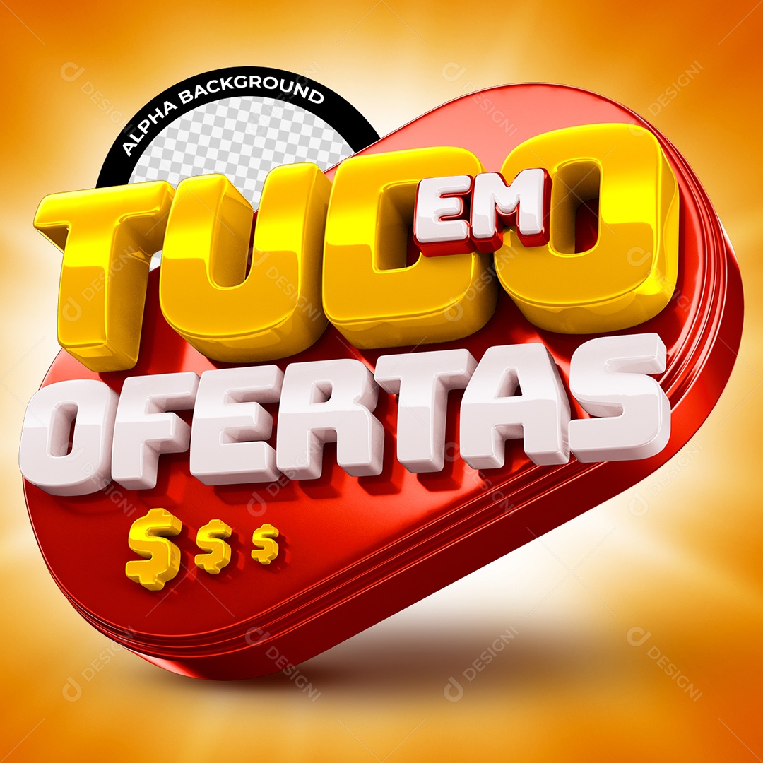 Tudo em Ofertas Selo 3D Dourado e Branco para Composição PSD