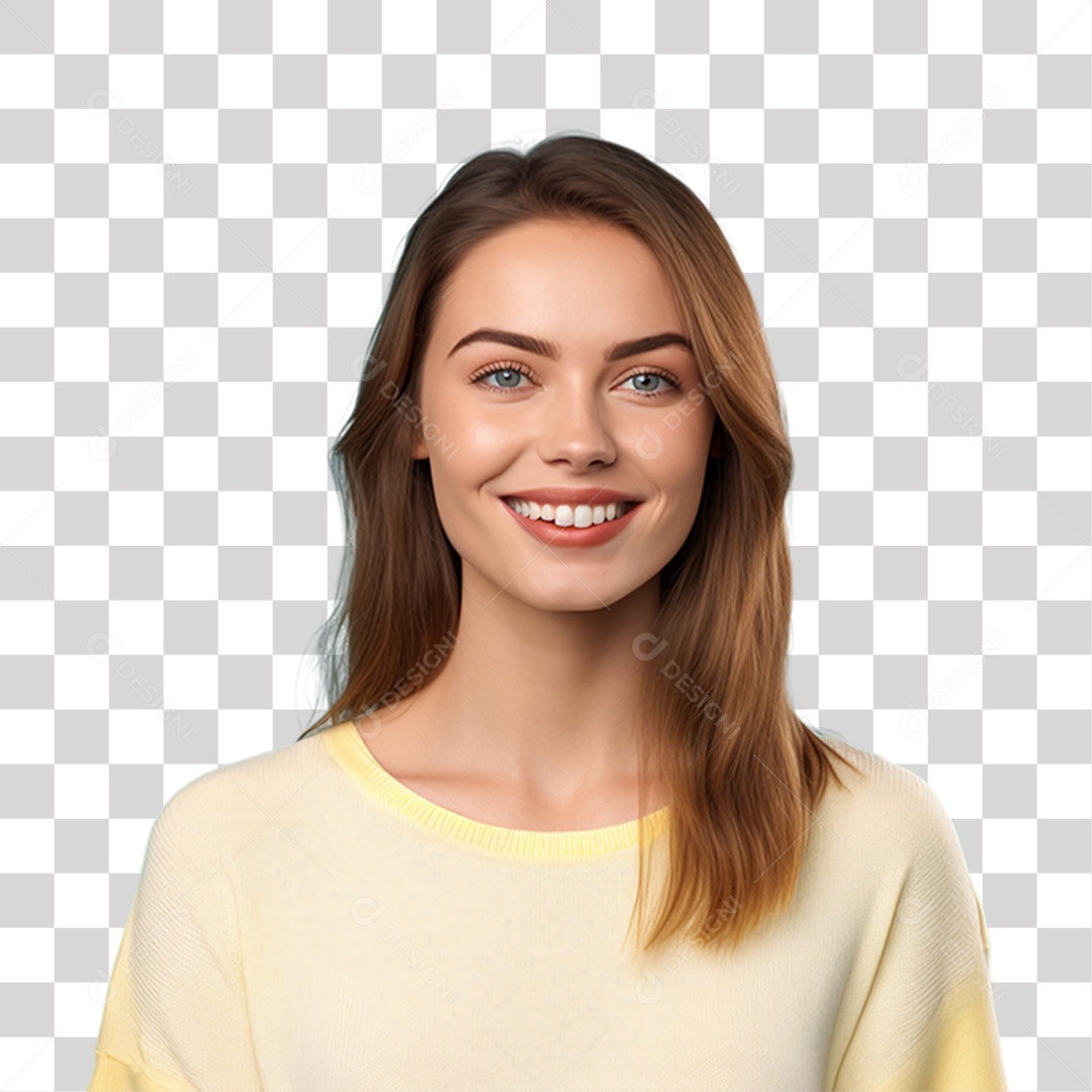 Mulher de Amarelo Sorrindo PNG Transparente