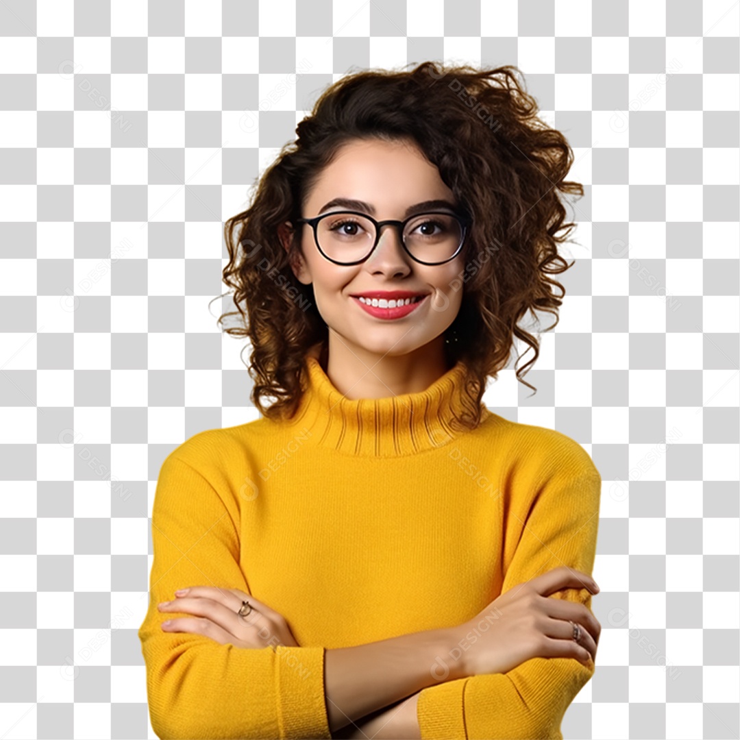 Mulher de Amarelo Sorrindo PNG Transparente