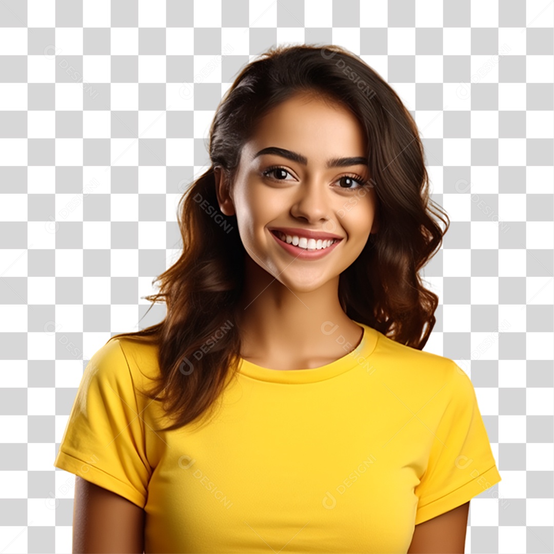 Mulher de Amarelo Sorrindo PNG Transparente