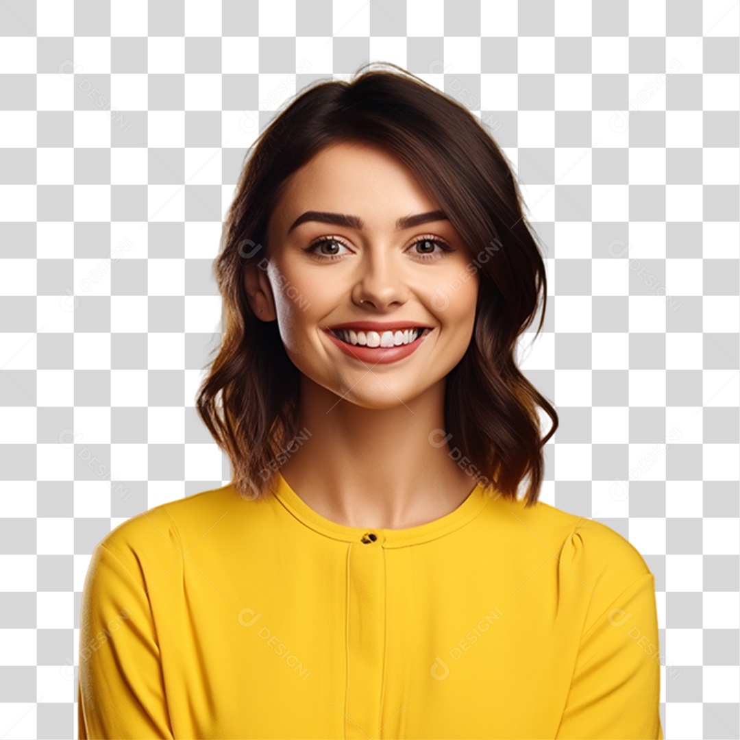 Mulher de Amarelo Sorrindo PNG Transparente