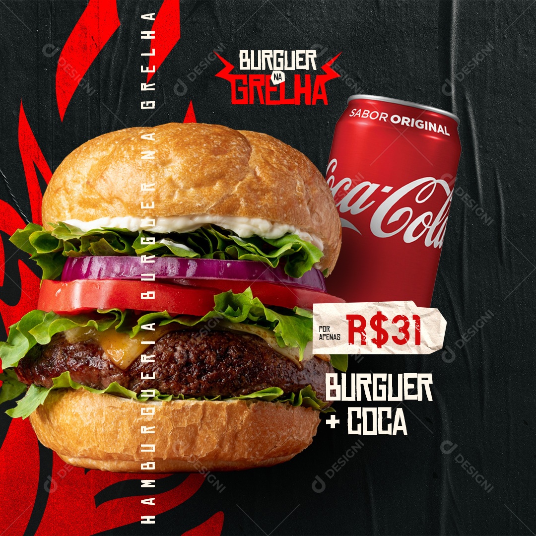 Hamburgueria Burguer na Grelha Combo Burguer e Coca Social Media PSD Editável