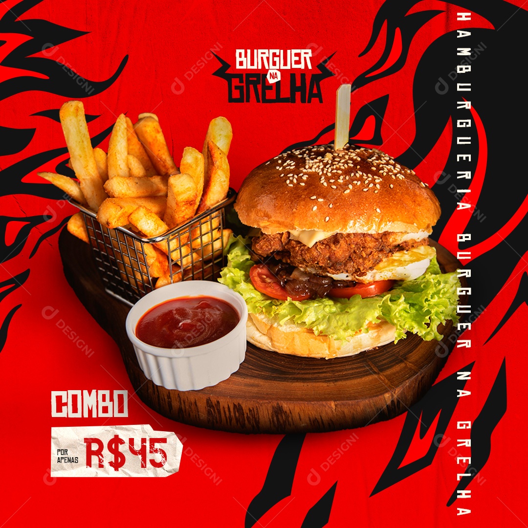 Social Media Hamburgueria Burguer na Grelha Combo PSD Editável