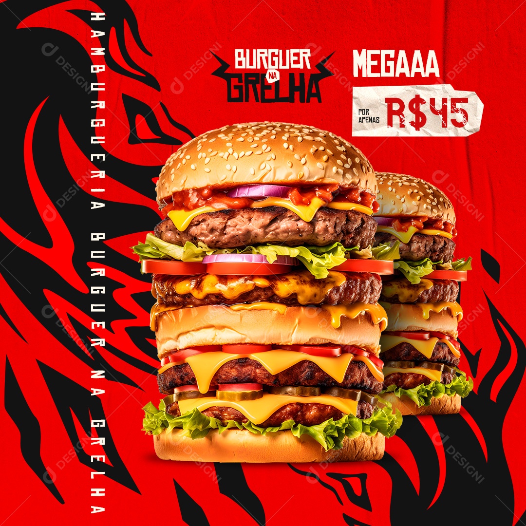 Hamburgueria Burguer na Grelha Megaaa Social Media PSD Editável