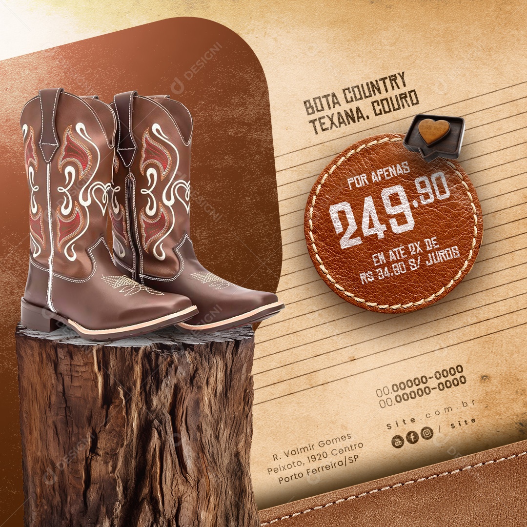 Moda Country Bota Country Texana Couro por apenas 249,90 Social Media PSD Editável