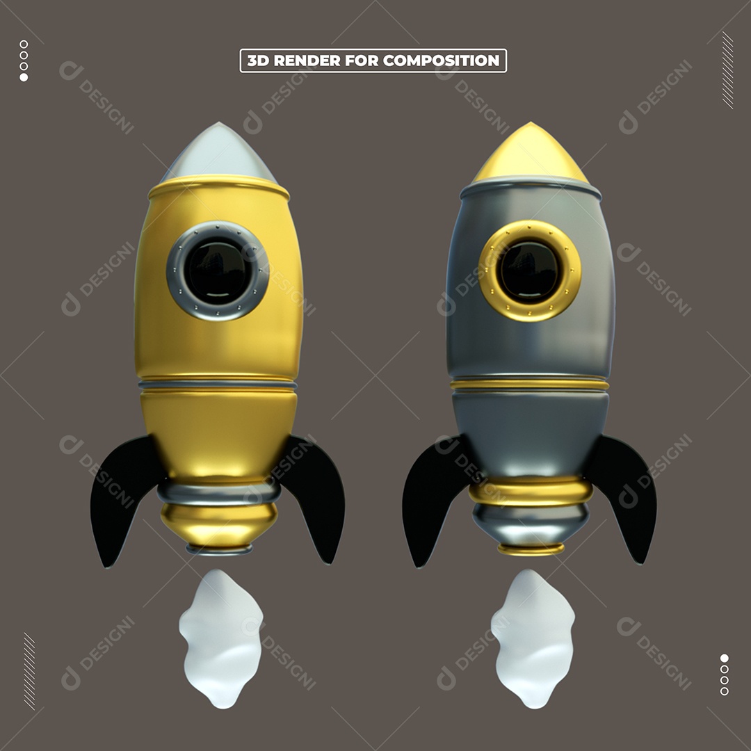 Foguetes Elemento 3D  Dourado e Cinza para Composição PSD