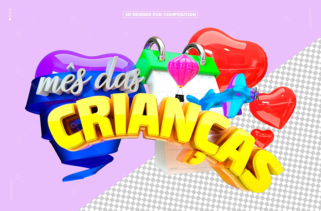 Mês das Crianças Selo 3D Dourado Azul Roxo Vermelho para Composição PSD