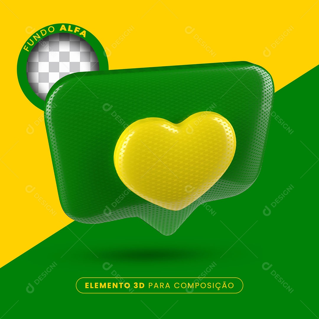Elemento 3D Like Verde Coração Amarelo Para Composição PSD