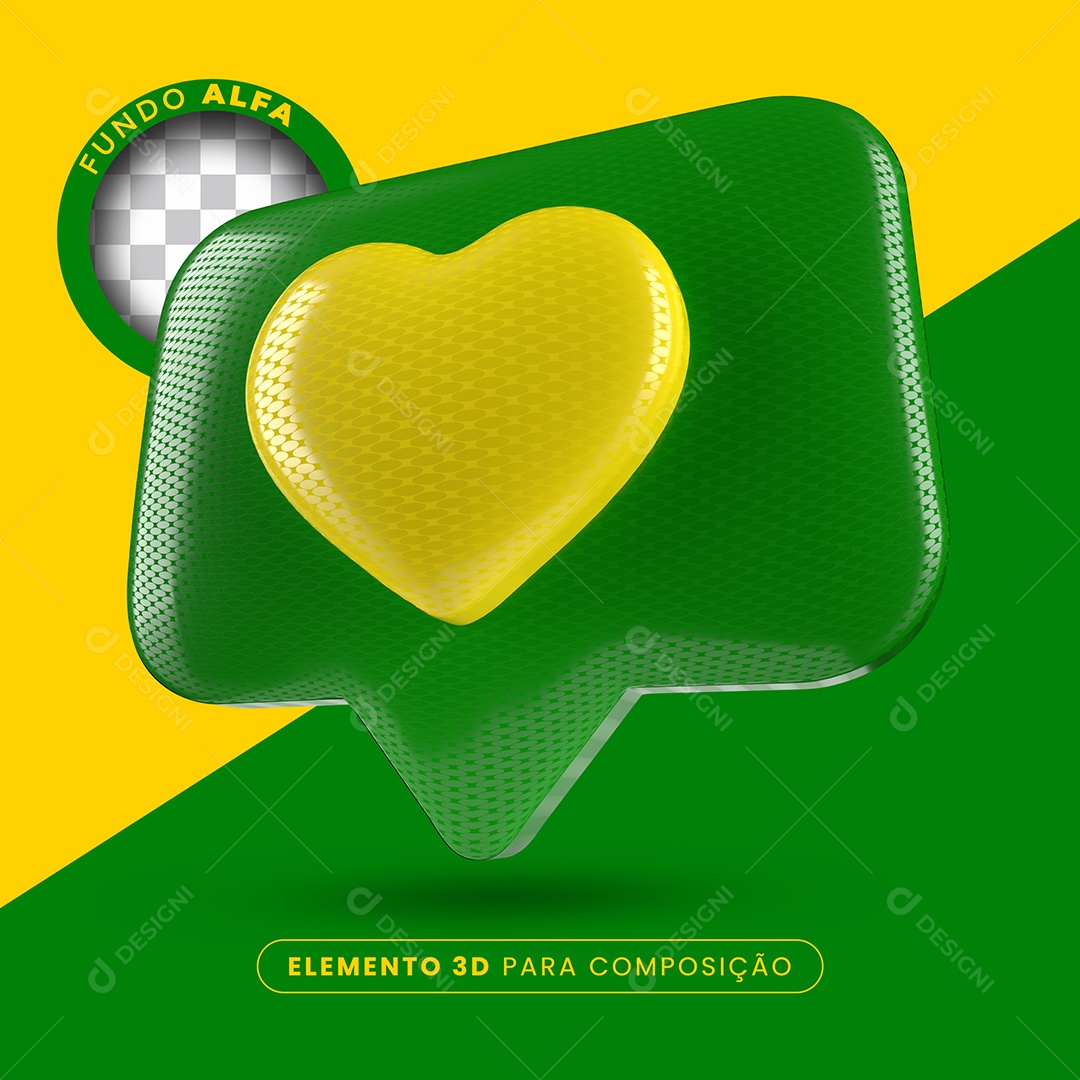 Like Verde Coração Amarelo Elemento 3D Para Composição PSD