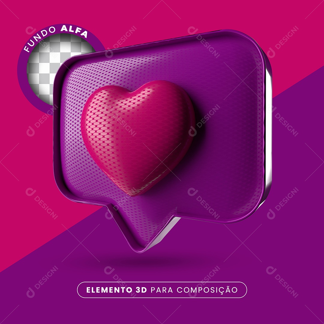 Elemento 3D Like Roxo Coração Rosa Para Composição PSD