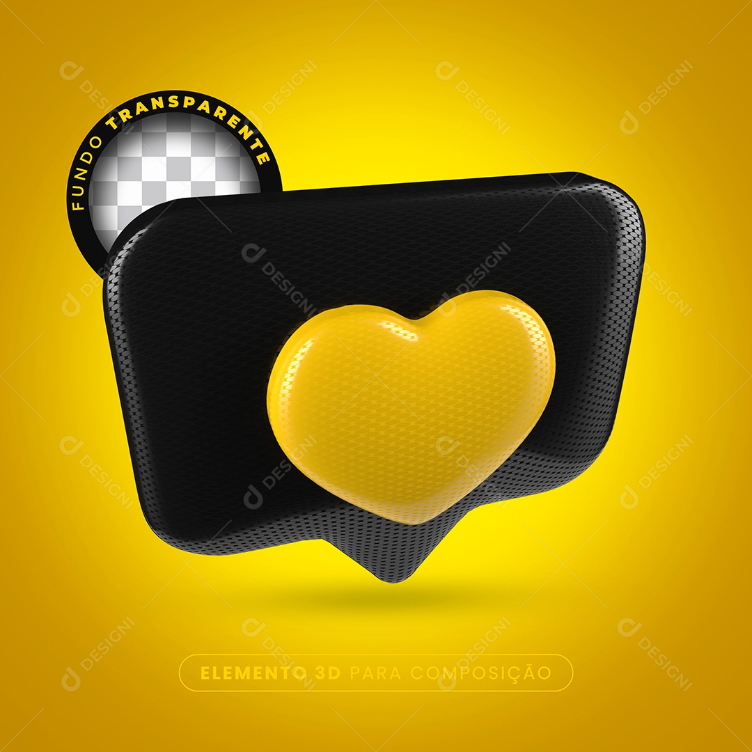 Elemento 3D Like Preto Coração Amarelo Para Composição PSD