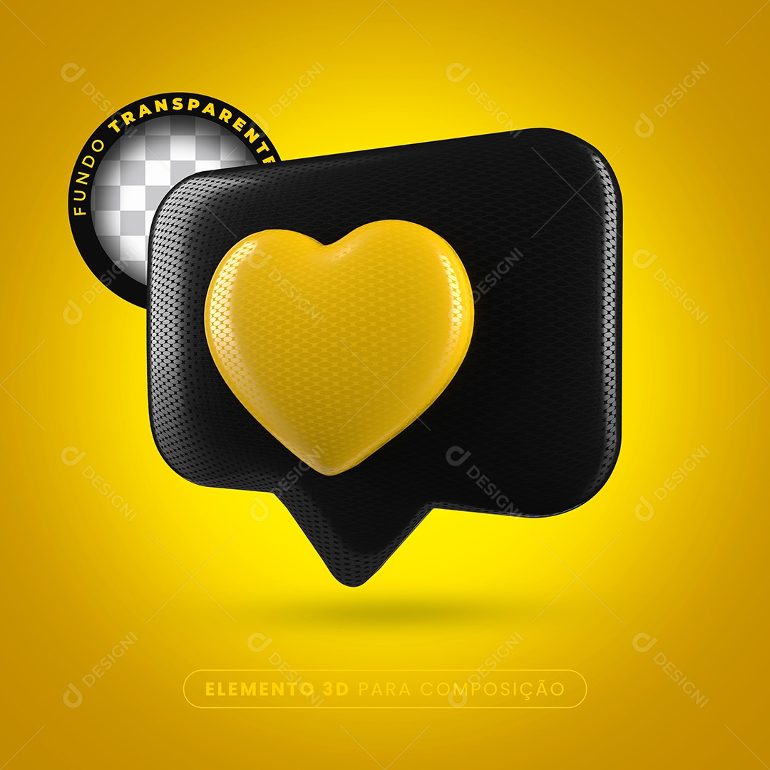Like Preto Coração Amarelo Elemento 3D Para Composição PSD