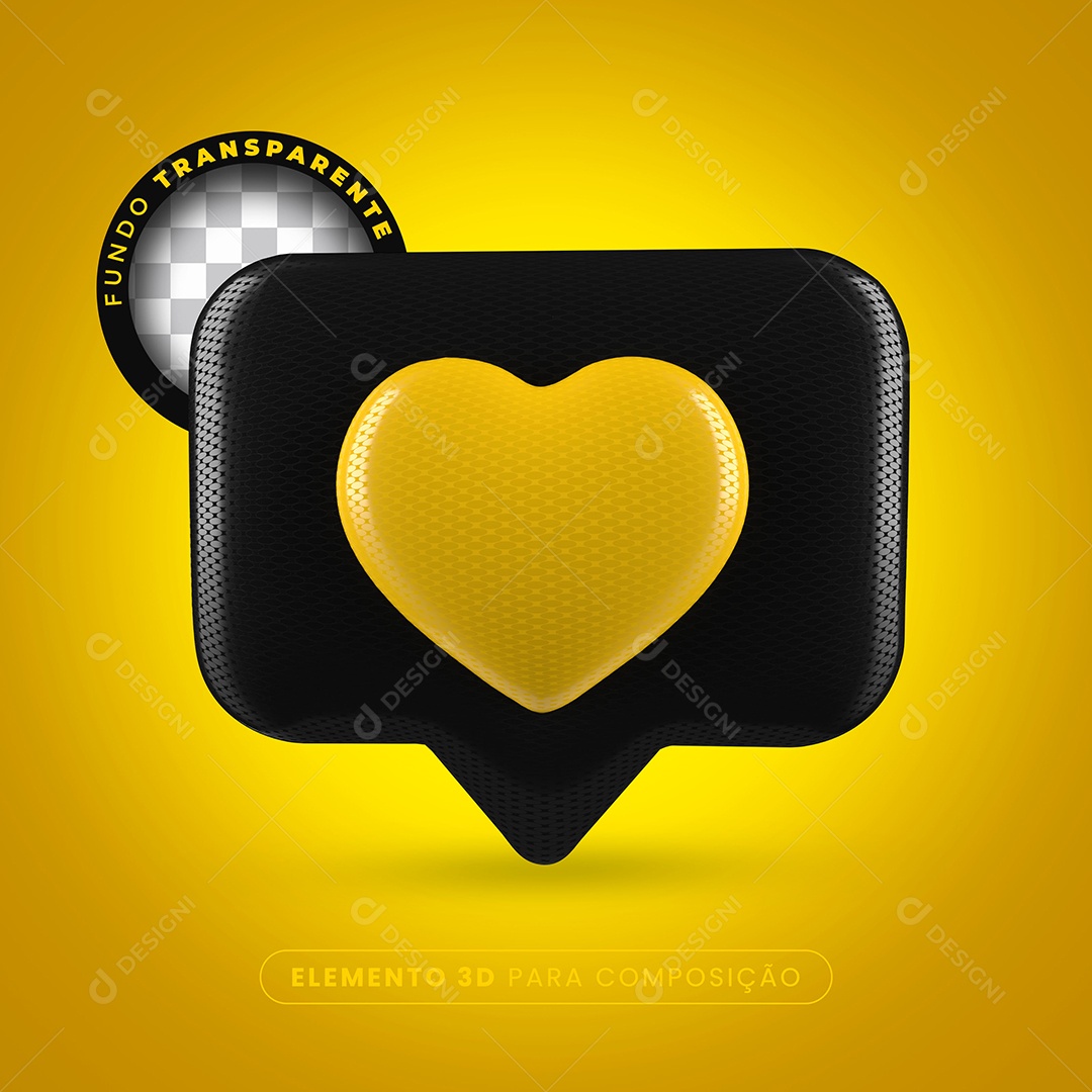 Elemento 3D Like Preto Coração Amarelo Para Composição PSD