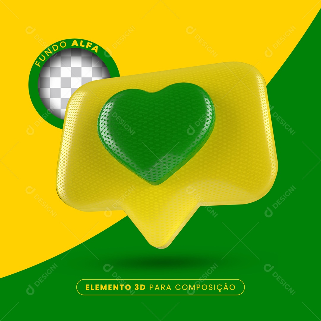 Like Amarelo Coração Verde Elemento 3D Para Composição PSD