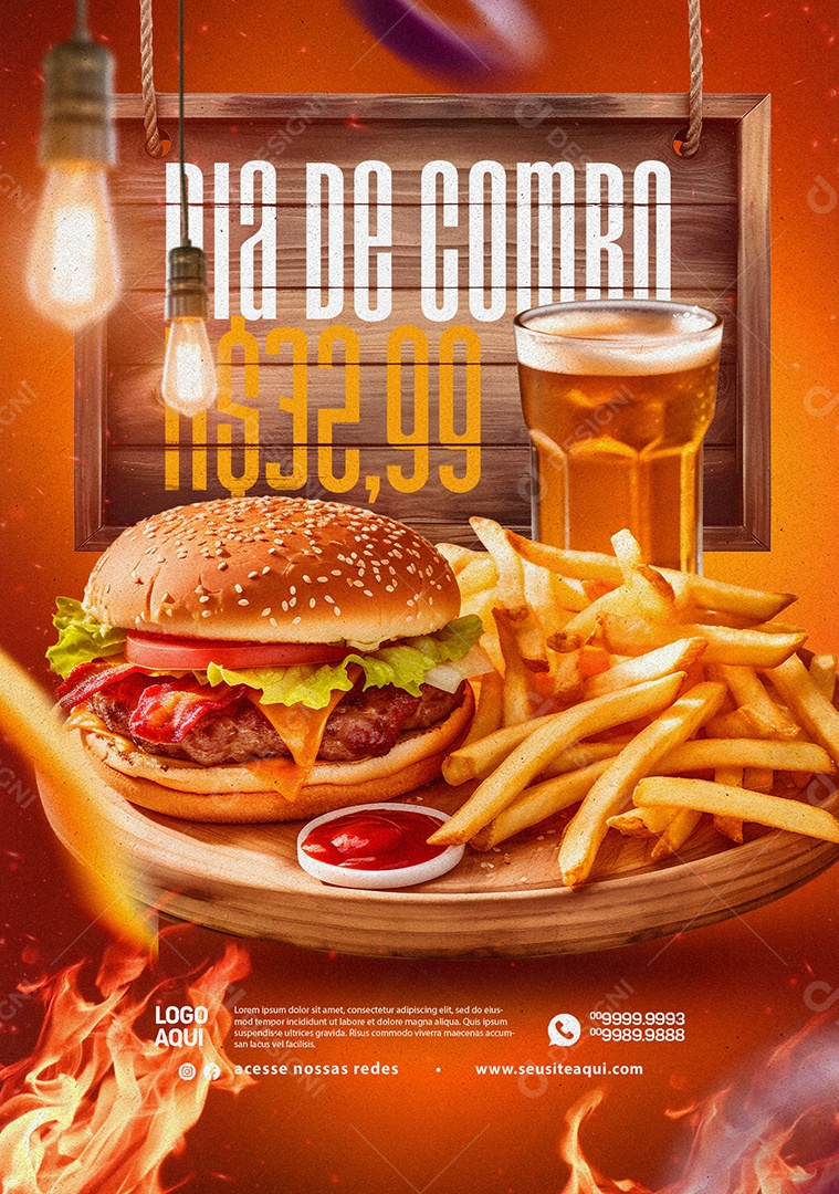 Hamburgueria Dia De Combo Hamburguer Batata Frita e Refrigerante Social Media PSD Editável