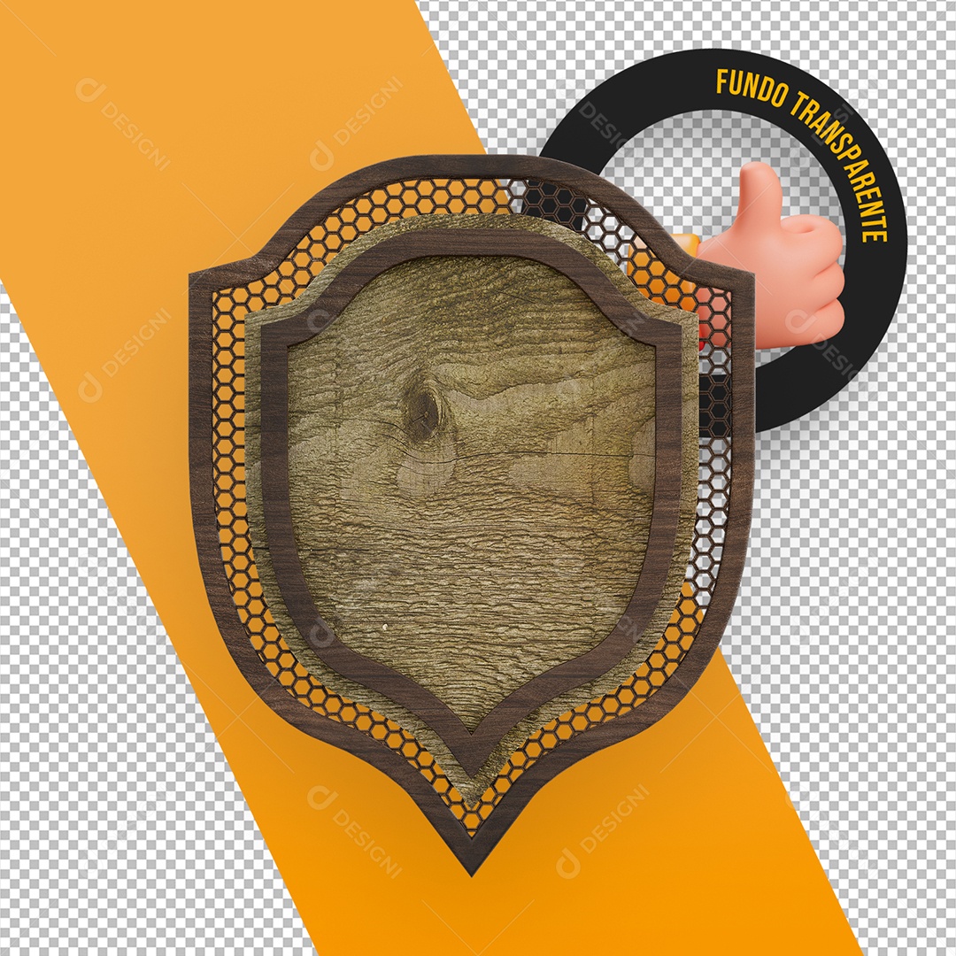 Elemento 3D Painel de Madeira Metal e Grades em Forma de Escudo para Composição PSD