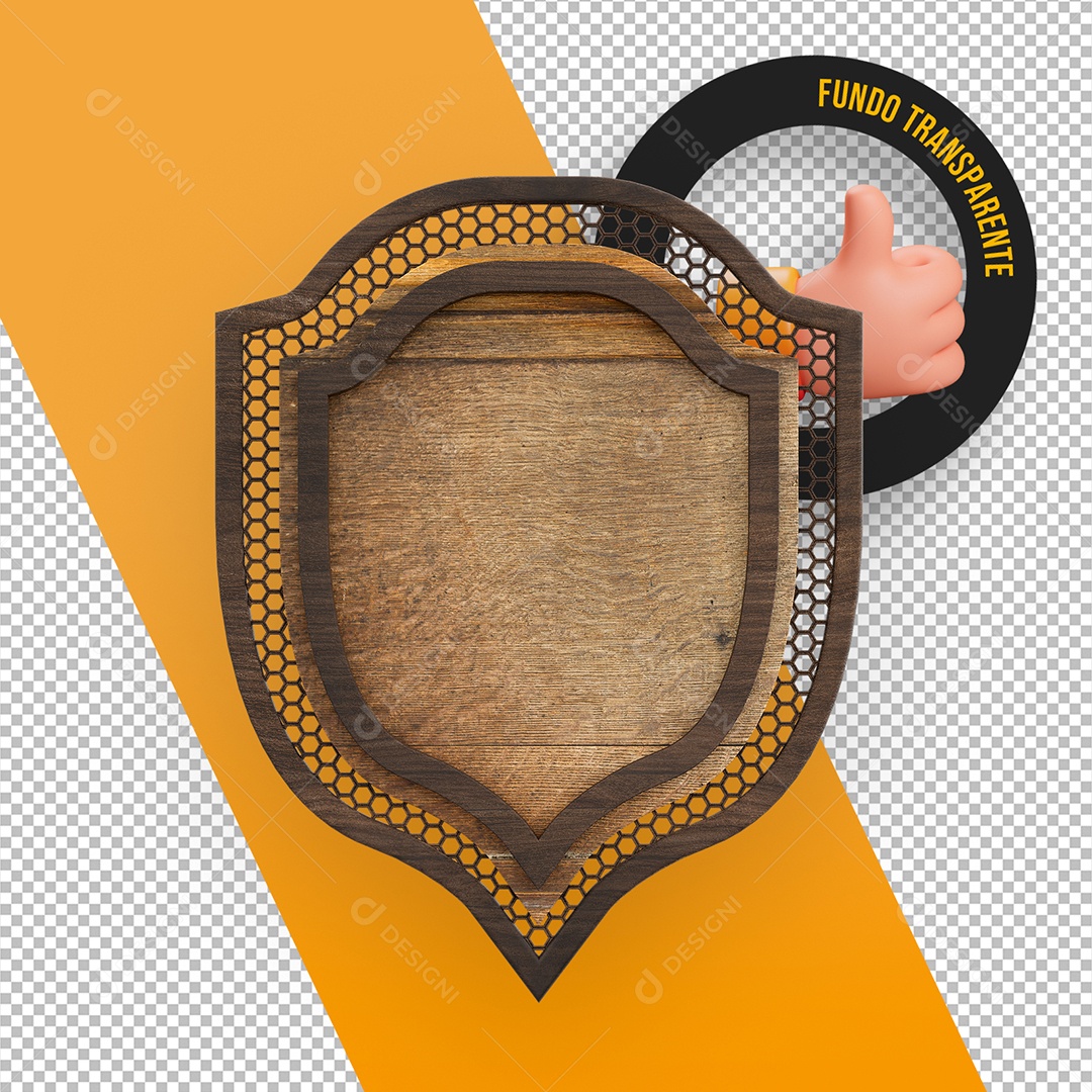 Elemento 3D Painel de Madeira Metal e Grades em Forma de Escudo para Composição PSD