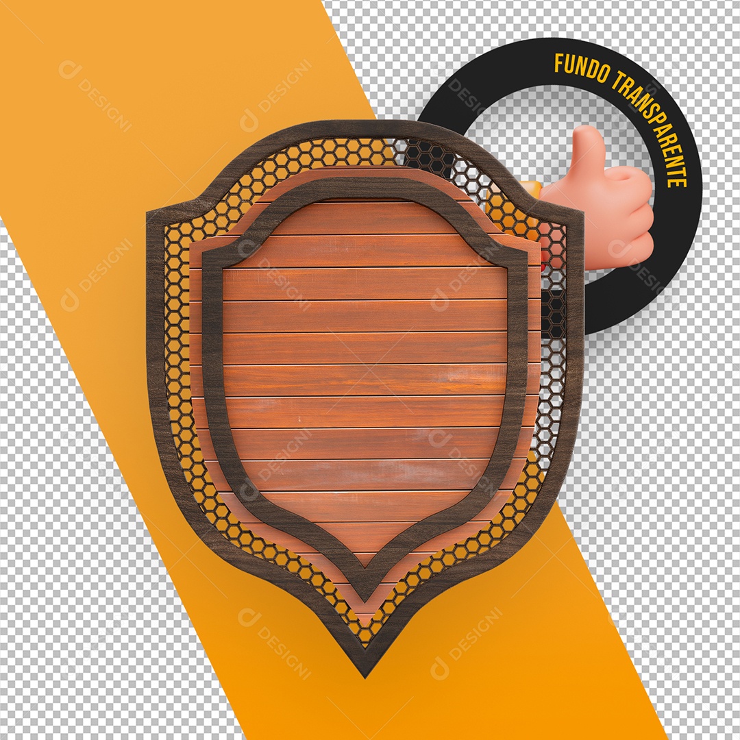Elemento 3D Painel de Madeira Metal e Grades em Forma de Escudo para Composição PSD