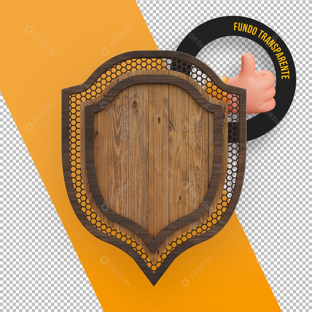 Elemento 3D Painel de Madeira e Metal com Grades em Forma de Escudo para Composição PSD