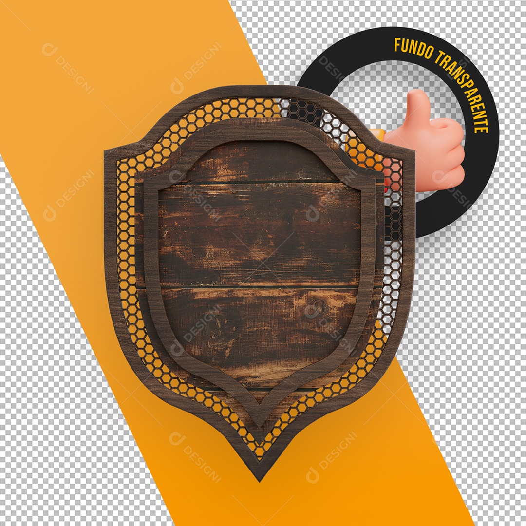 Elemento 3D Painel de Madeira e Metal com Grades em Forma de Escudo para Composição PSD