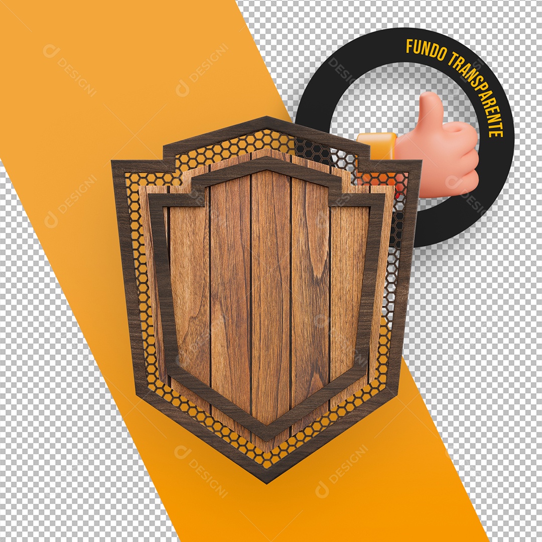 Elemento 3D Painel de Madeira e Metal com Grades em Forma de Escudo para Composição PSD