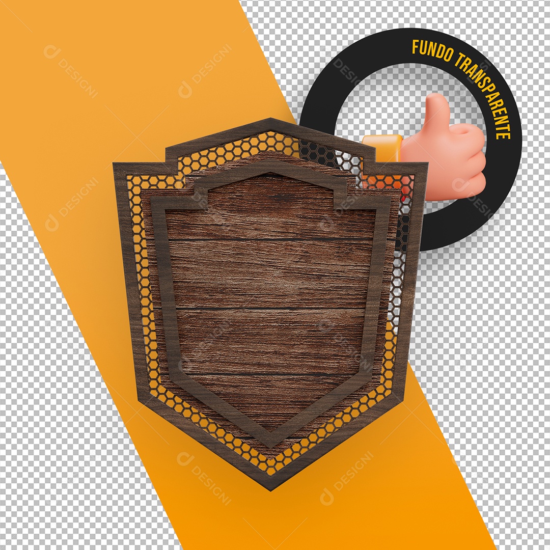 Elemento 3D Painel de Madeira e Metal com Grades em Forma de Escudo para Composição PSD