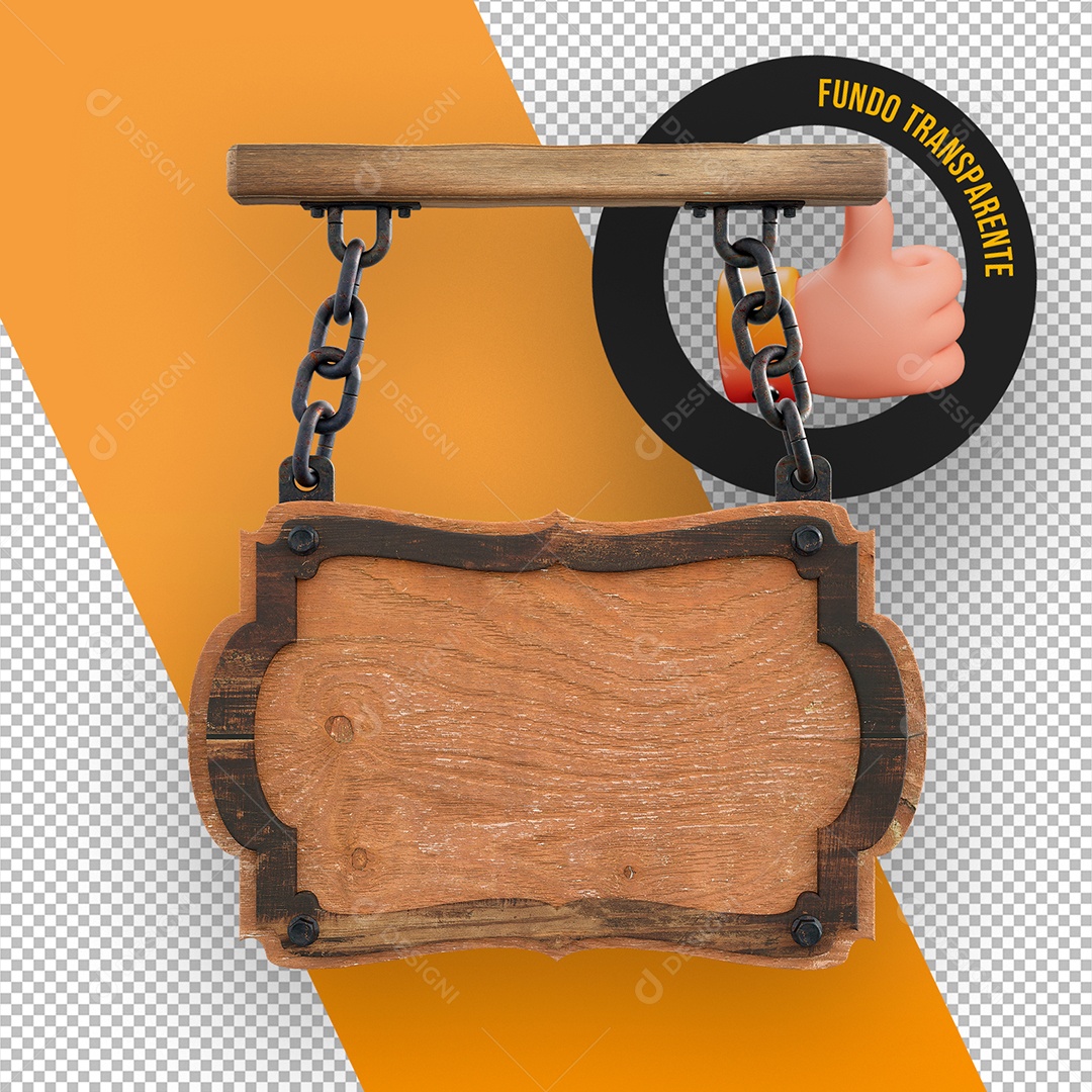 Elemento 3D Placa de Madeira Despendurada com Correntes para Composição PSD