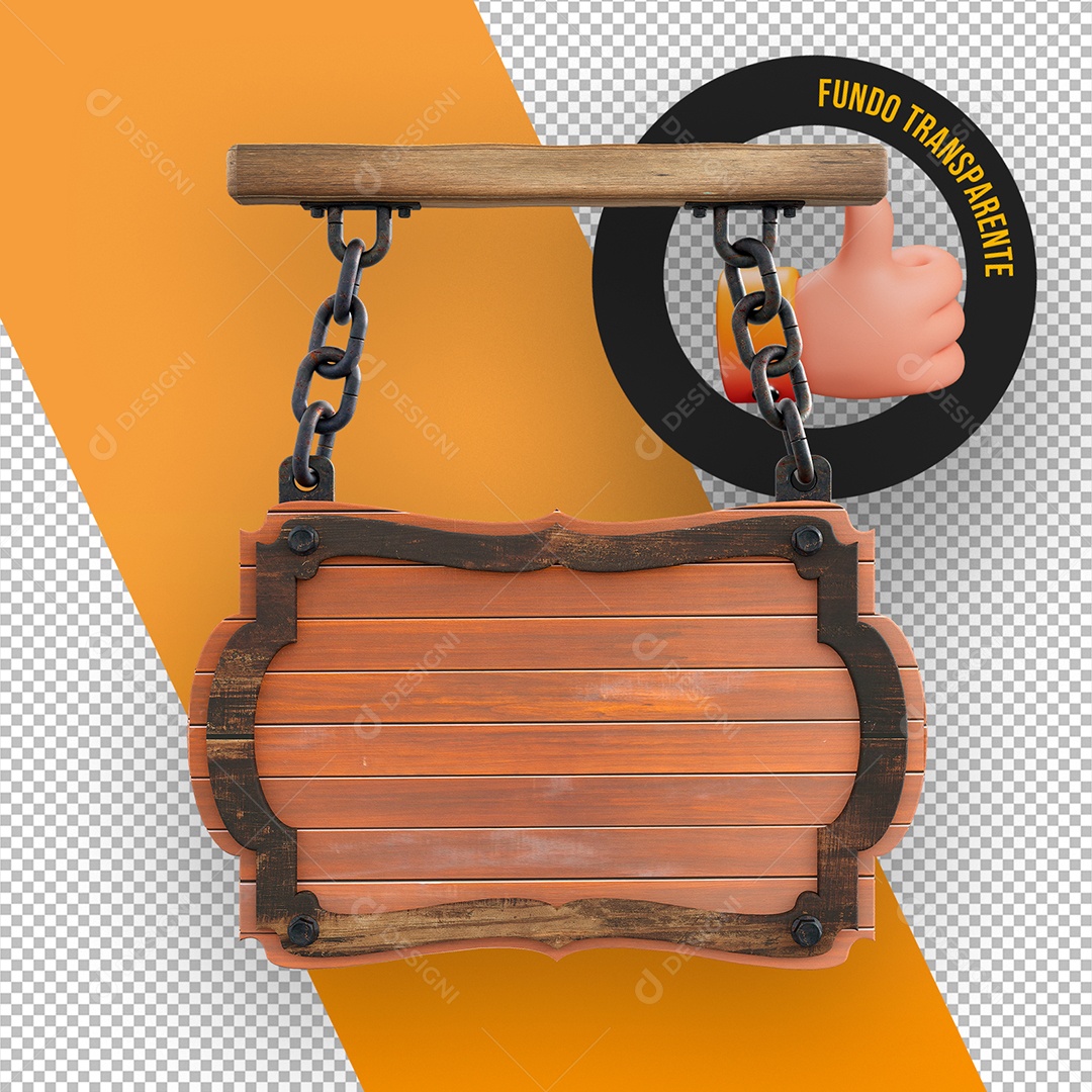 Elemento 3D Placa de Madeira Despendurada com Correntes para Composição PSD