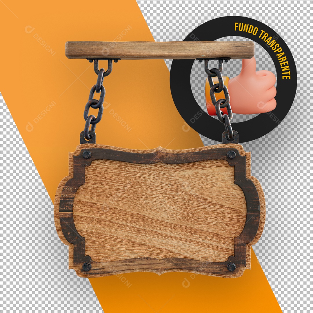 Elemento 3D Placa de Madeira Despendurada com Correntes para Composição PSD