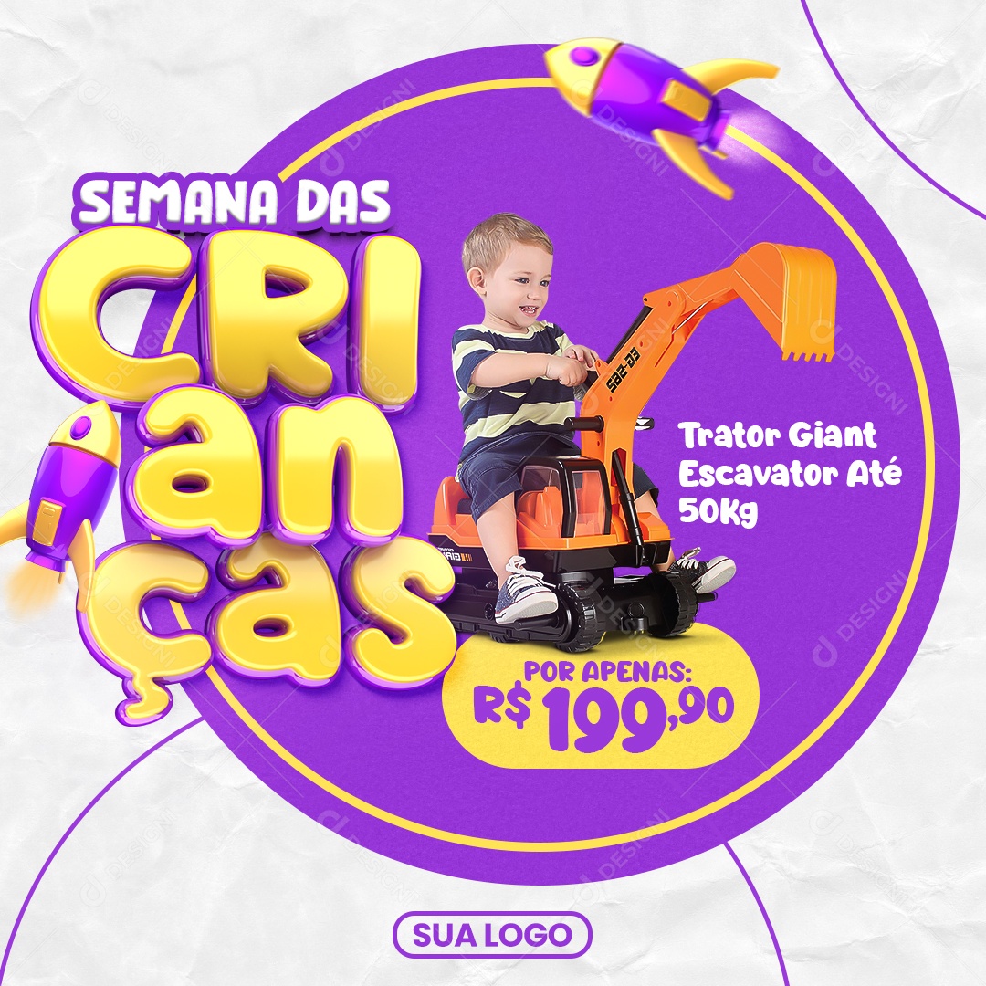 Social Mídia Semana das Crianças Trator Giant Escavador Até 50 Kg PSD Editável