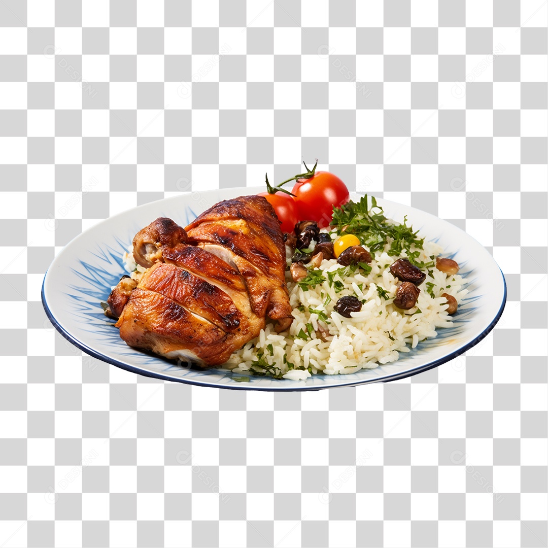 Frango Assado com Arroz e Tomates PNG Transparente