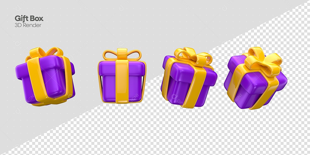Caixas de Presentes Elemento 3D Roxo e Dourado para Composição PSD