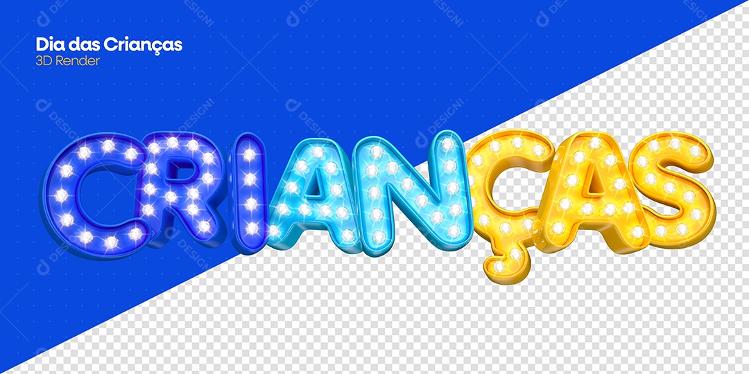 Dia das Crianças Texto 3D Azul e Dourado para Composição PSD
