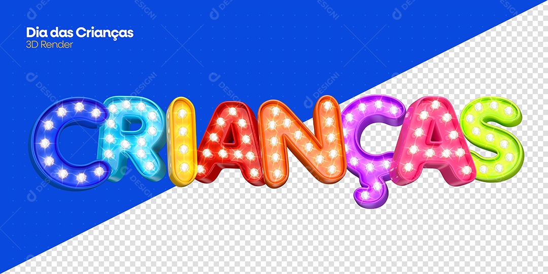 Dia das Crianças Texto 3D Azul Vermelho Dourado para Composição PSD