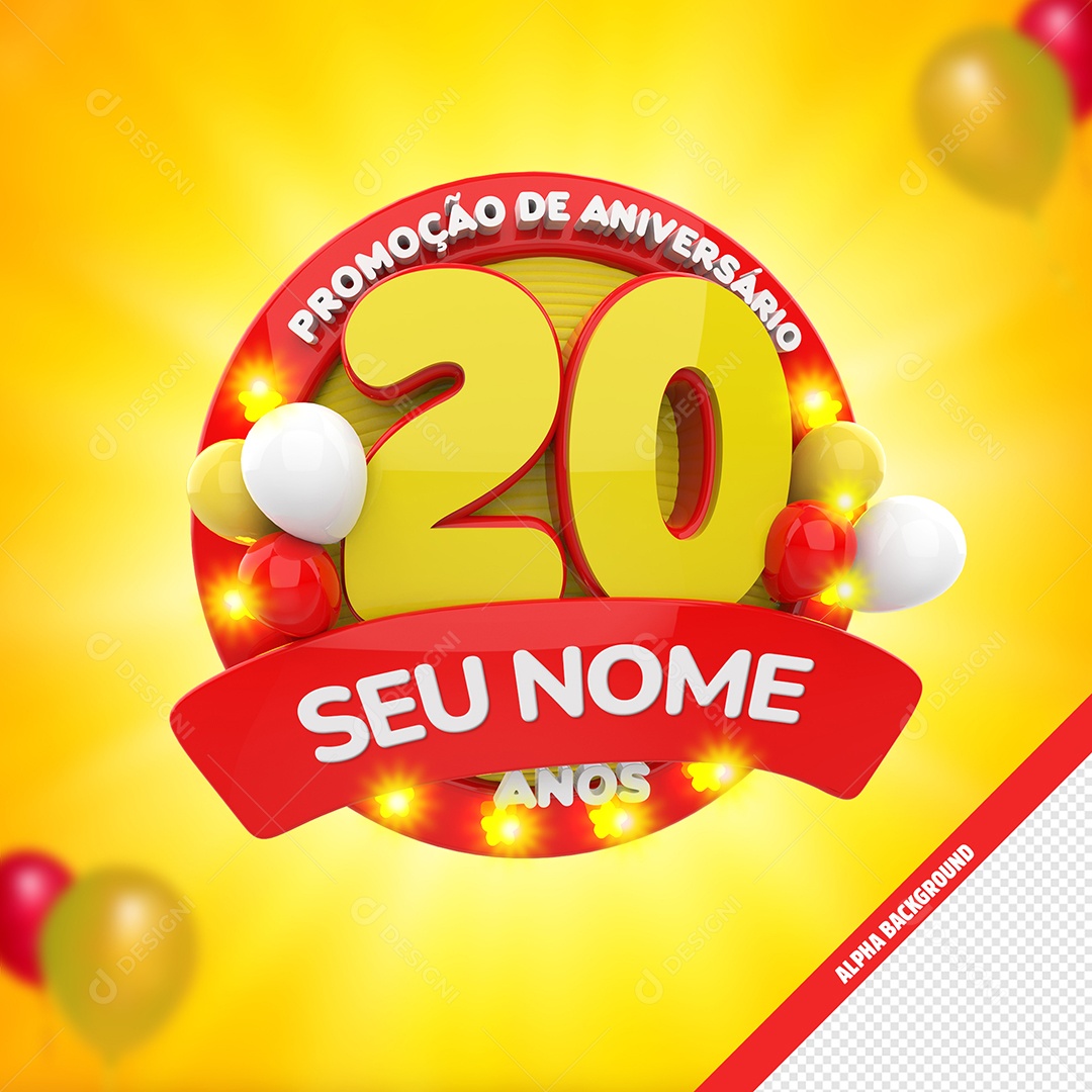 Promoção De Aniversário 20 Anos Selo 3D Vermelho e Dourado para Composição PSD
