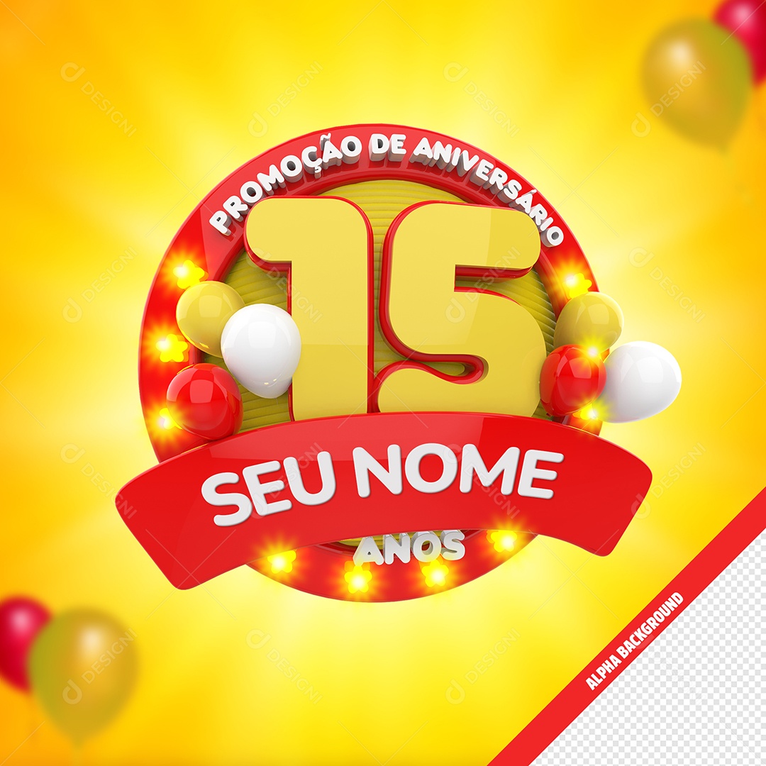 Promoção De Aniversário 15 Anos Selo 3D Vermelho e Dourado para Composição PSD