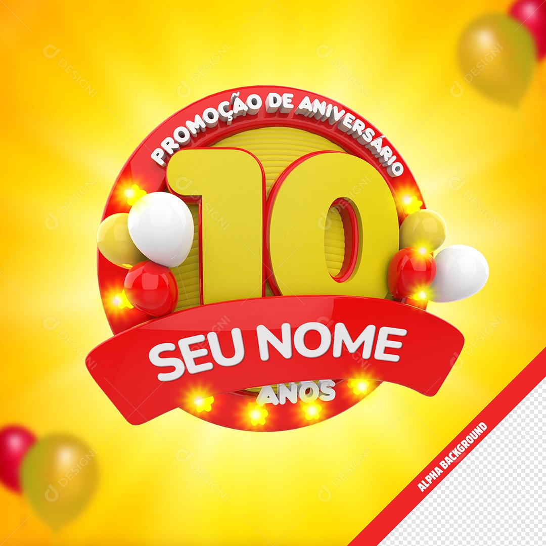 Promoção De Aniversário 10 Anos Selo 3D Vermelho e Dourado para Composição PSD