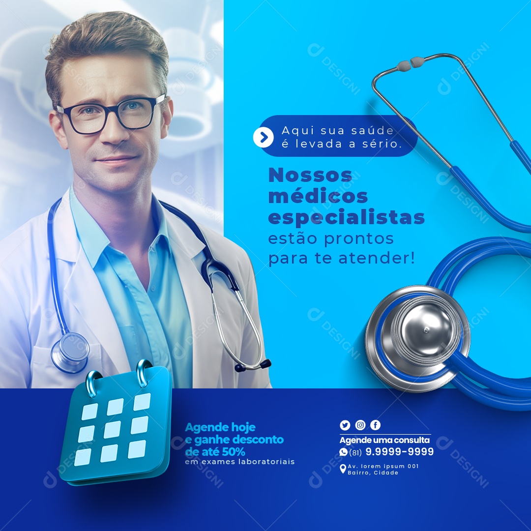 Laboratório Clínico Nossos Médicos Especialistas Social Media PSD Editável