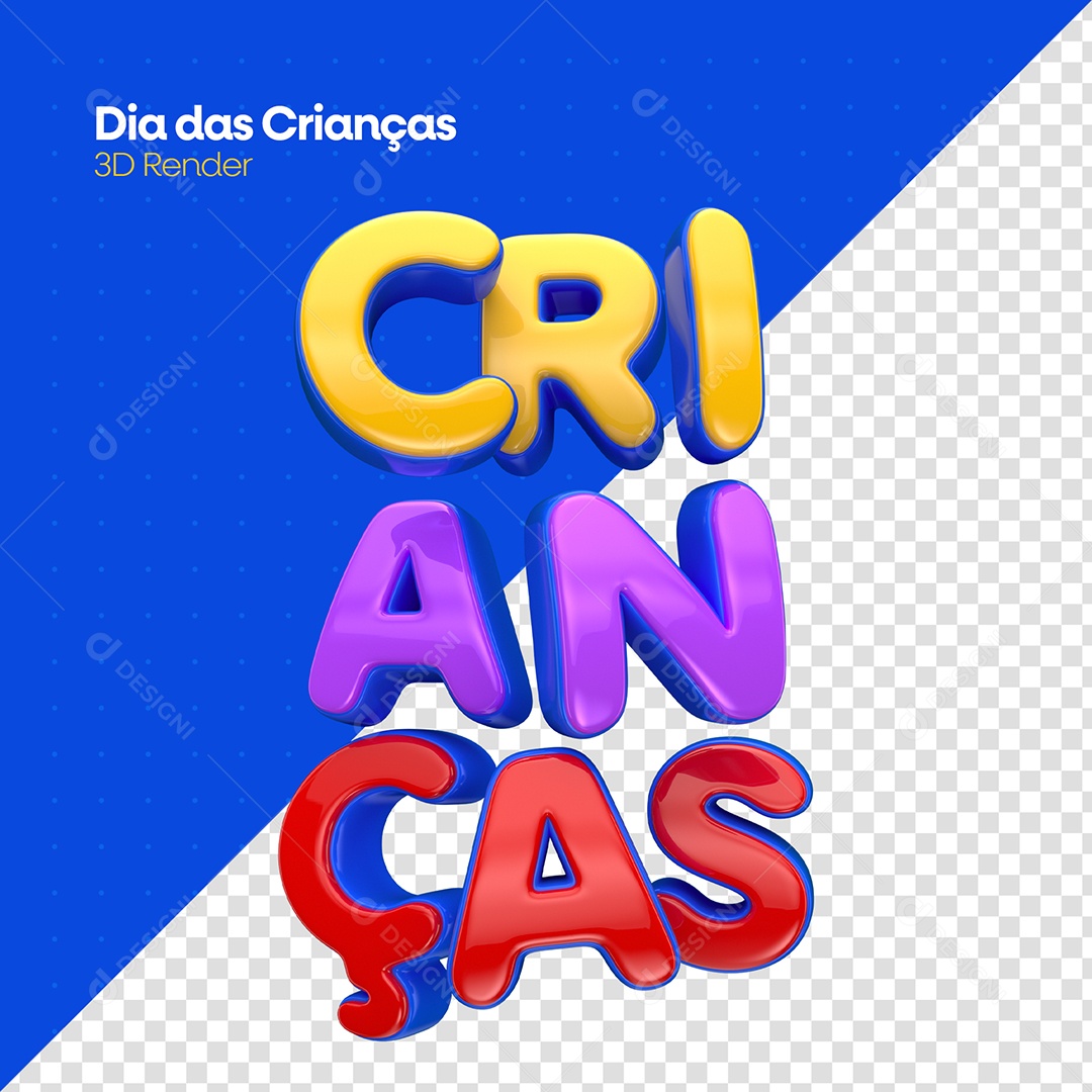 Dia das Crianças Texto 3D Roxo Vermelho Dourado para Composição PSD