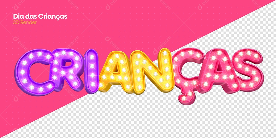 Dia das Crianças Texto 3D Roxo Rosa Dourado para Composição PSD