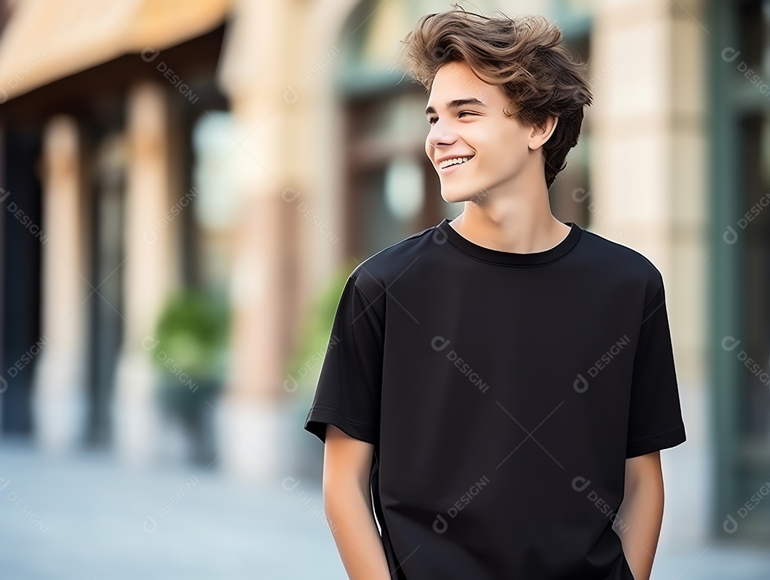 Garoto adolescente fofo usando maquete de camiseta preta vazia em branco para modelo de design