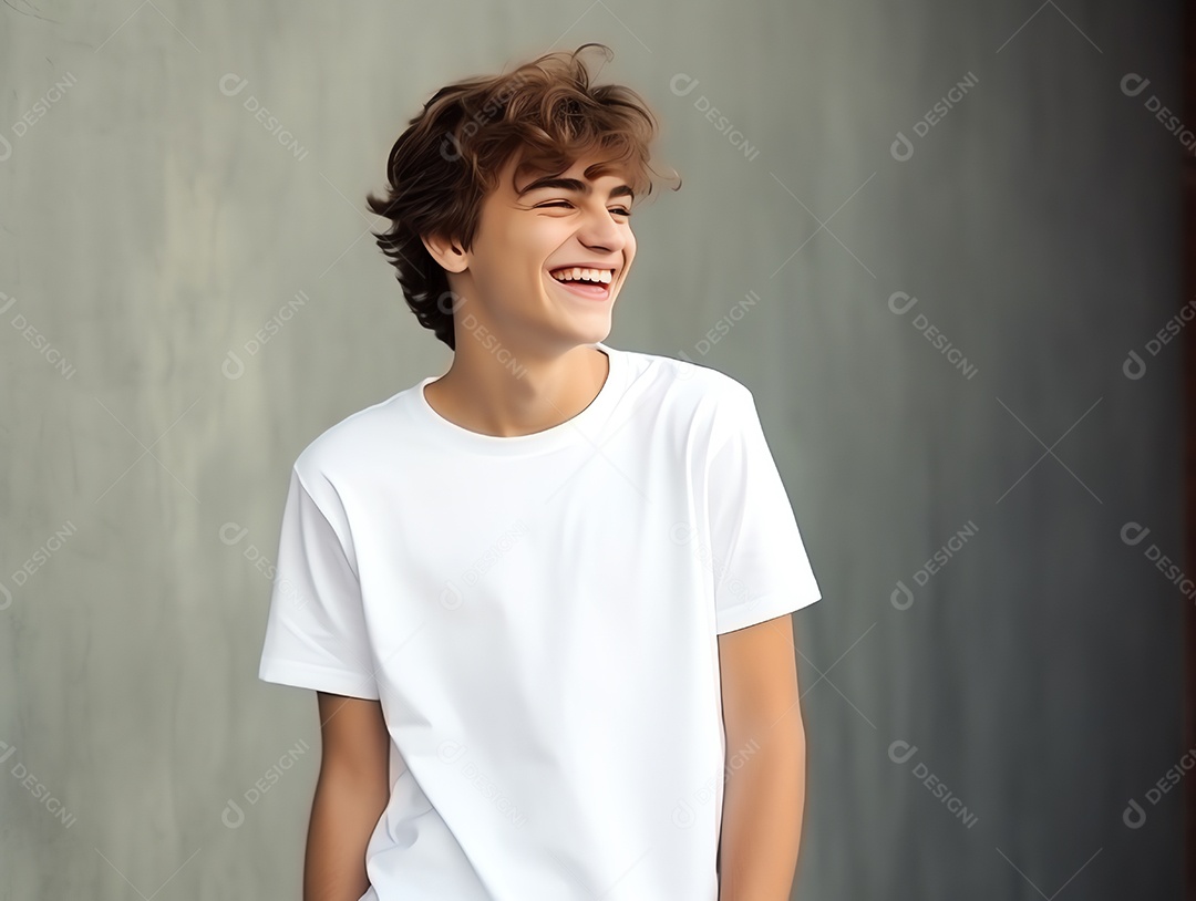 Garoto adolescente fofo usando maquete de camiseta branca vazia em branco para modelo de design