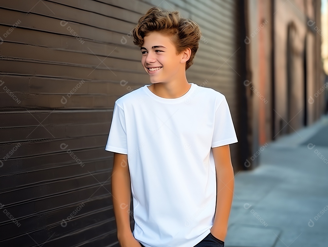 Garoto adolescente fofo usando maquete de camiseta branca vazia em branco para modelo de design